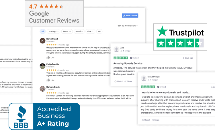 Collection of screenshots showing variety of user comments from Google Reviews, Trustpilot, and BBB